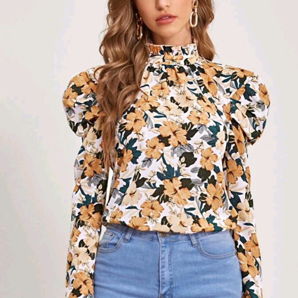 Ruched high neck /gigot sleeve/ floral top